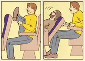 Left: tall person in a plane struggling to find space for his legs. Right: Person in front of the tall person declining his seat.